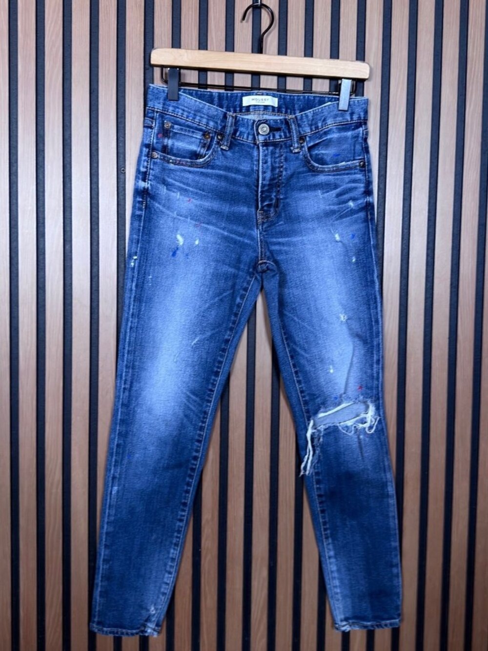 Moussy Jeans 26 Womens Blue Distressed Skinny Japanese Selvedge Paint Spatter